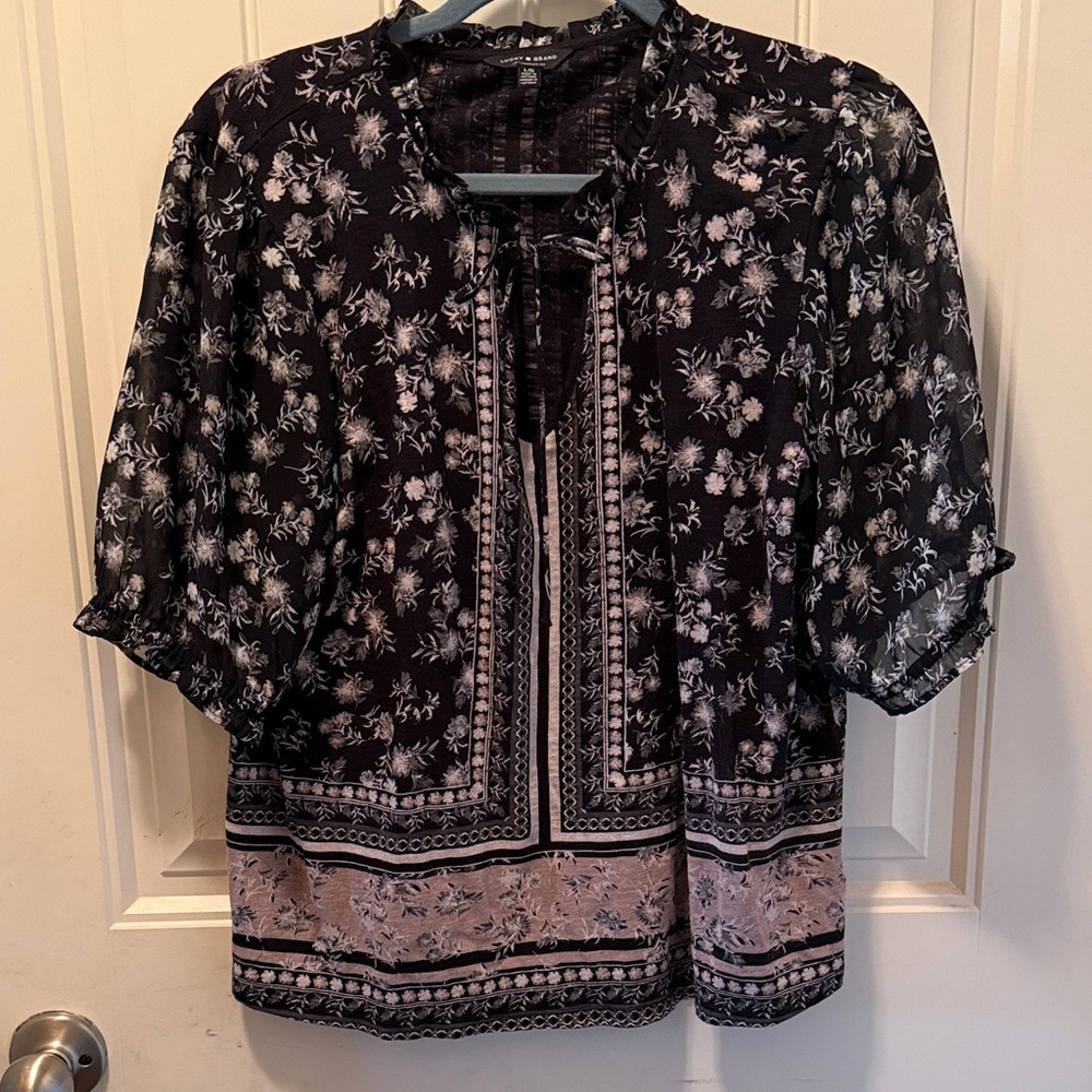Lucky Brand Black and Cream Floral Tie-Front Blouse